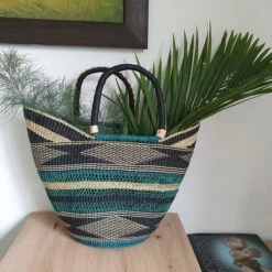 African Blue And Turquoise Bolga Basket With Leather Handles From Ghana -Storage Furniture Sales 2024 african blue and turquoise bolga basket with leather handles from ghana 0 1