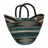 African Blue And Turquoise Bolga Basket With Leather Handles From Ghana