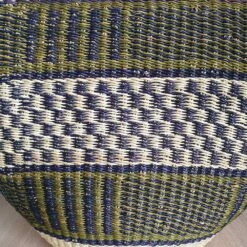 African Bolga Basket In Green, Blue And White With Black Leather Edge And Handles -Storage Furniture Sales 2024 african bolga basket in green blue and white with black leather edge and handles 0 2