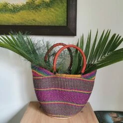 African Hand Woven Bolga Basket With Red Leather Handles -Storage Furniture Sales 2024 african hand woven bolga basket with red leather handles 0 2