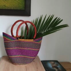 African Hand Woven Bolga Basket With Red Leather Handles -Storage Furniture Sales 2024 african hand woven bolga basket with red leather handles 0 3