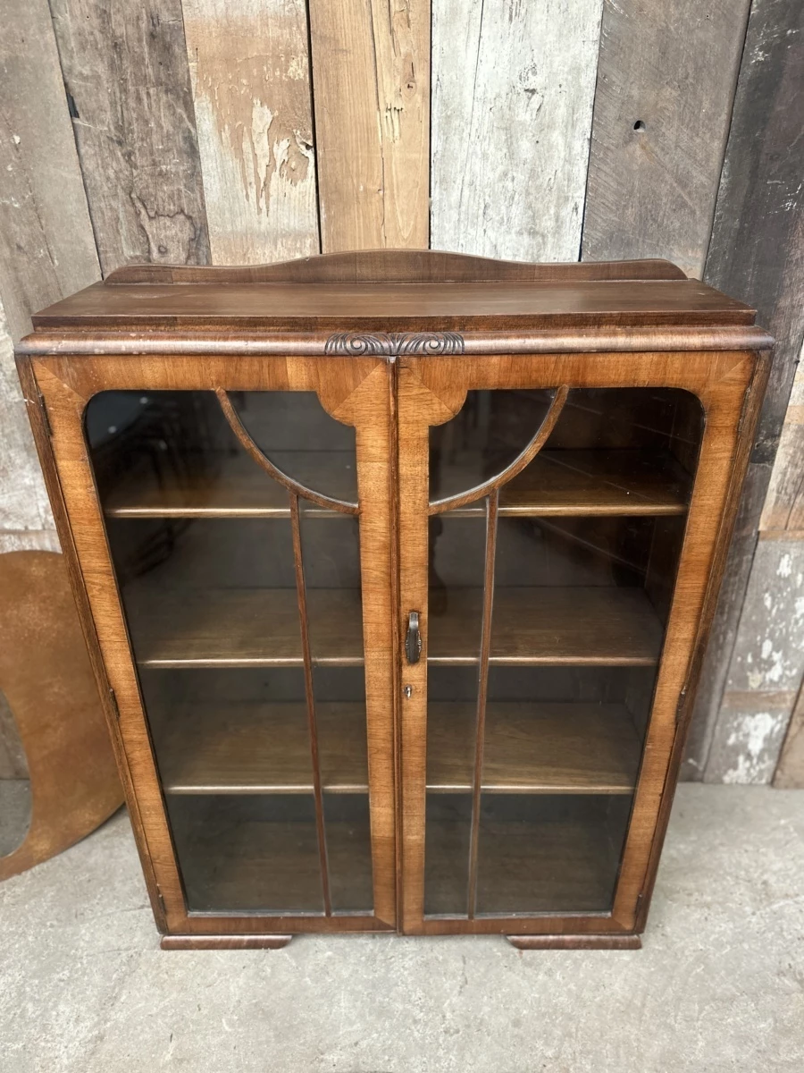 Antique Art Deco Walnut Cocktail Display Glazed Bookcase Cabinet C 1930 2 Antique Art Deco Walnut Cocktail Display Glazed Bookcase Cabinet C 1930 - Image 2