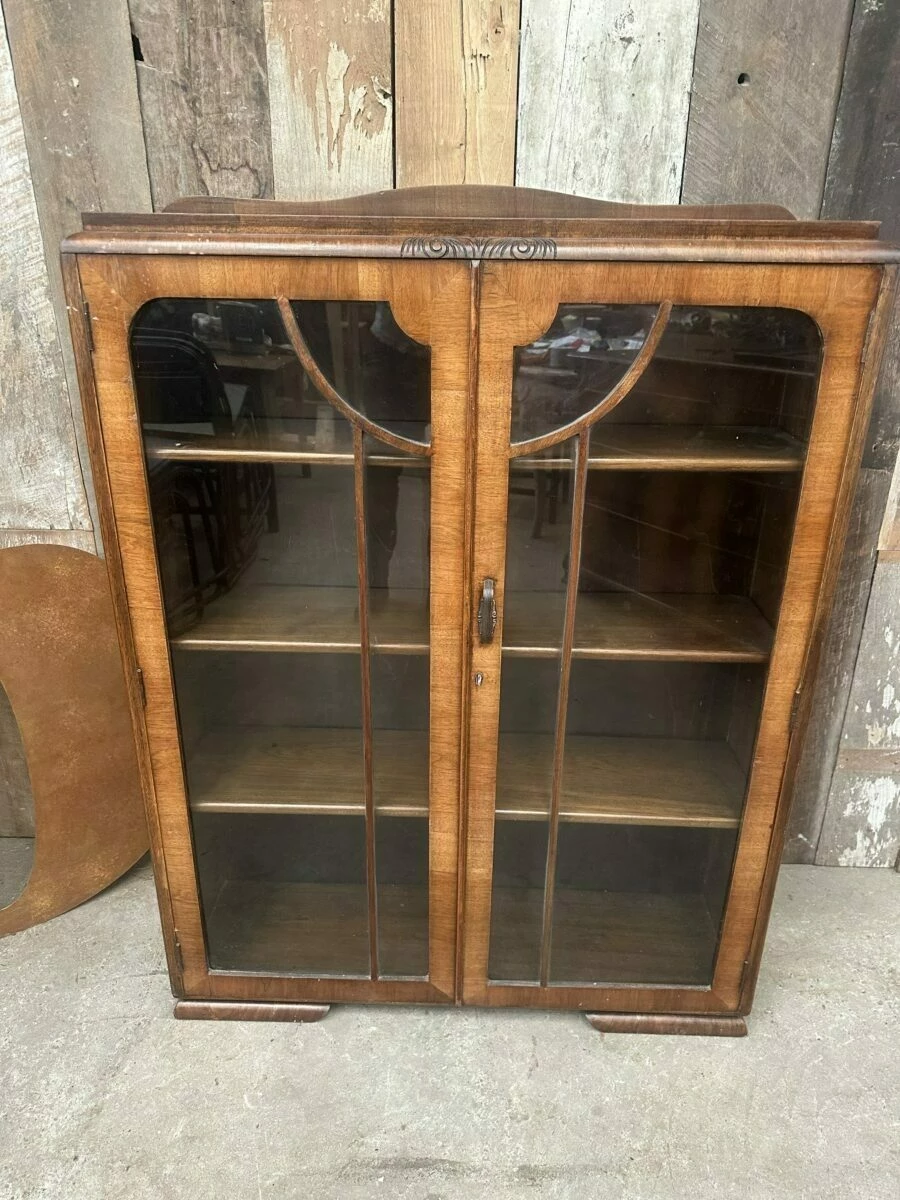 Antique Art Deco Walnut Cocktail Display Glazed Bookcase Cabinet C 1930 18 Antique Art Deco Walnut Cocktail Display Glazed Bookcase Cabinet C 1930 - Image 18