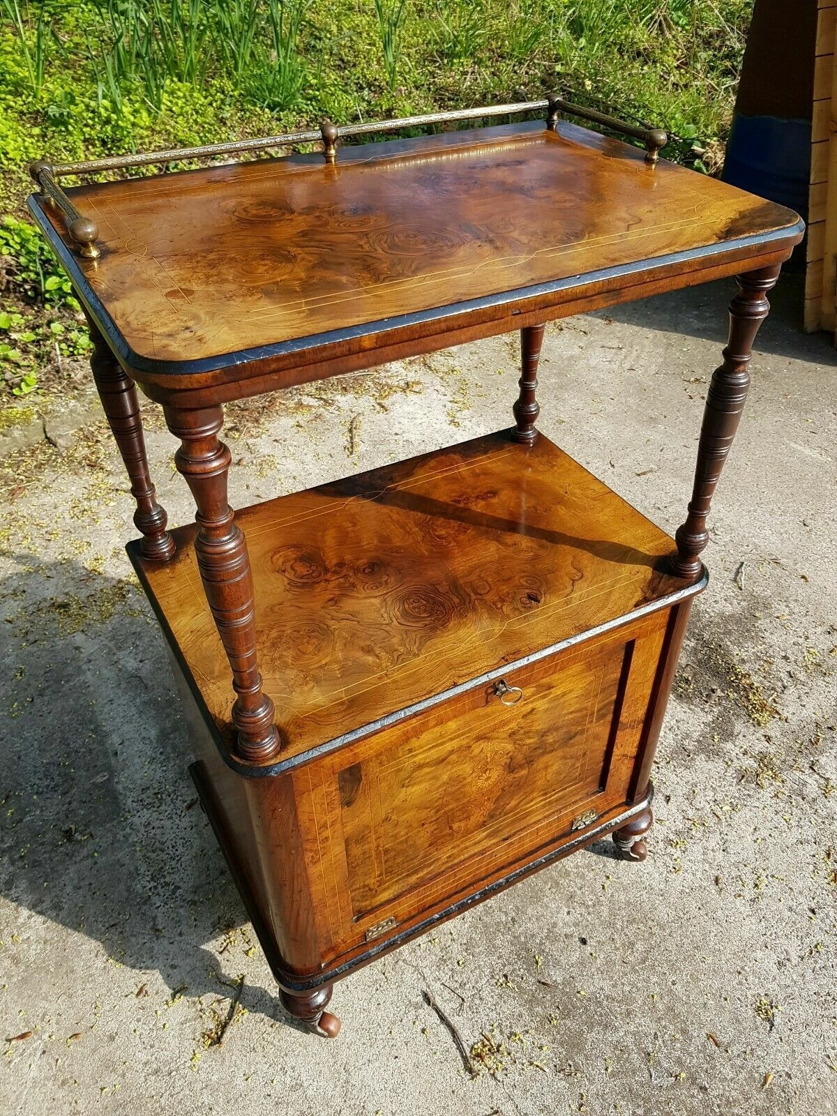 Antique English Burr Walnut Display Cupboard Canterbury Whatnot Victorian. 2 Antique English Burr Walnut Display Cupboard Canterbury Whatnot Victorian. - Image 2