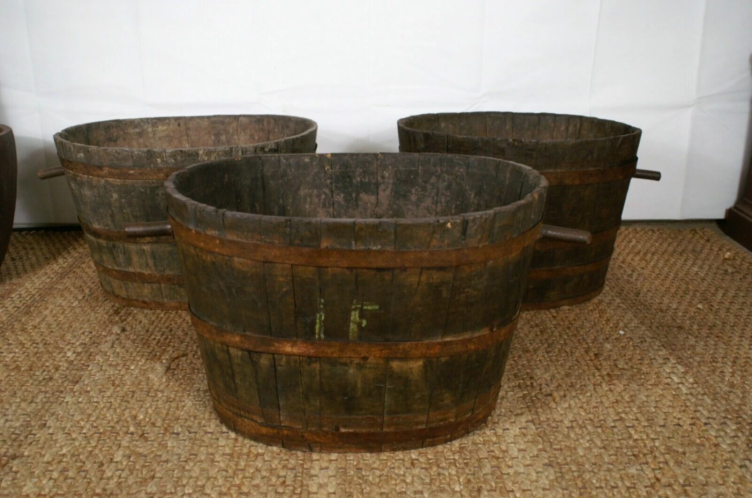 Antique French Oak Barrel Grape Storage Log Basket Bins Planter Tree, C 1830 1 Antique French Oak Barrel Grape Storage Log Basket Bins Planter Tree, C 1830