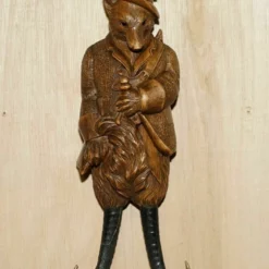 Unknown Antique Musical Circa 1880 Black Forest Hand Carved Fox Whip Hook Glass Eyes