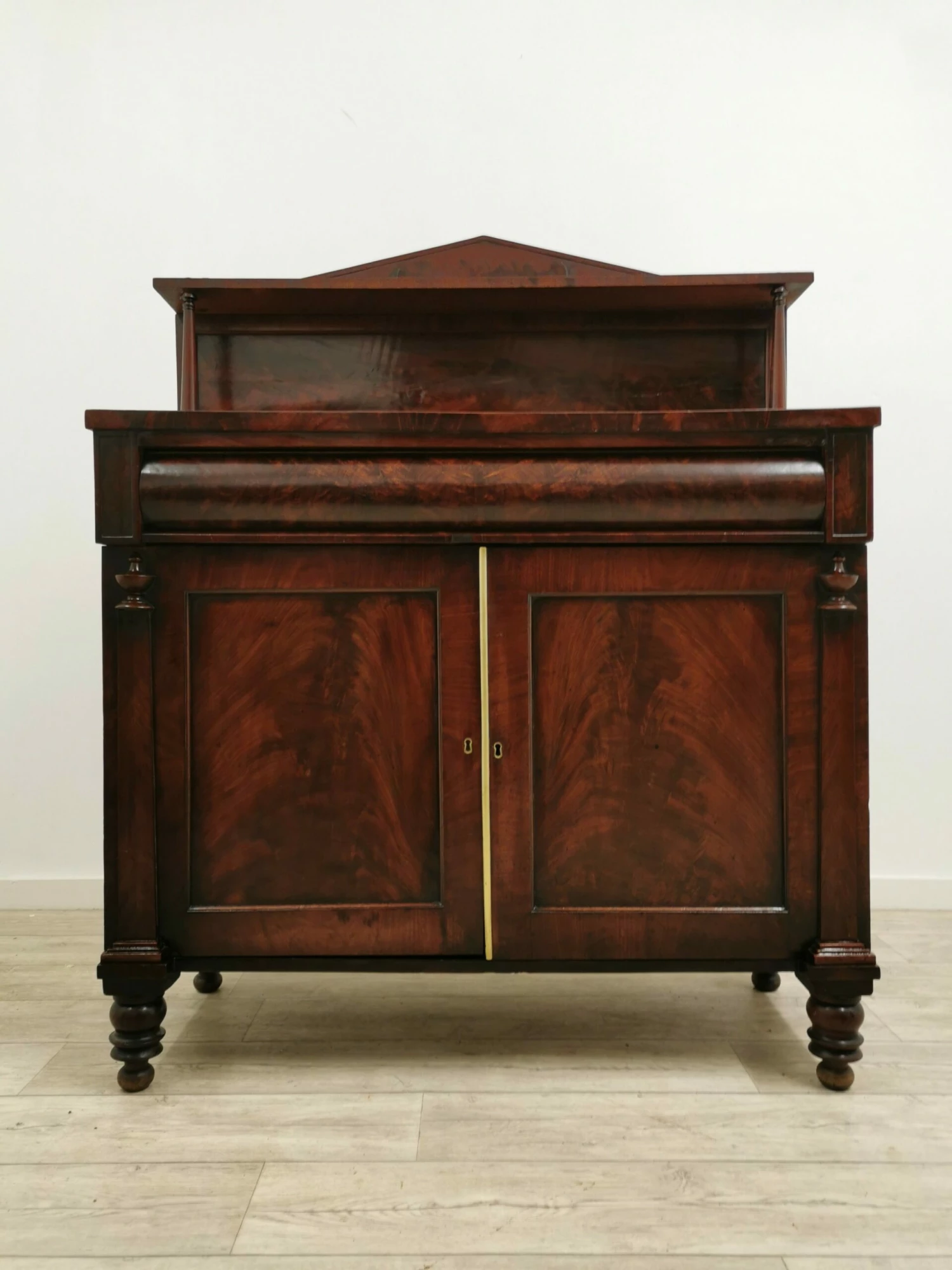 Antique Regency Flame Mahogany Chiffionier Cabinet 1 Antique Regency Flame Mahogany Chiffionier Cabinet