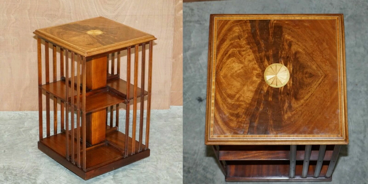 Unknown Antique Sheraton Revival Mahogany & Satinwood Revolving Bookcase Side End Table 1 Unknown Antique Sheraton Revival Mahogany & Satinwood Revolving Bookcase Side End Table