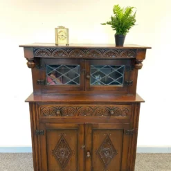Antique Small Carved Court Cupboard By Maple & Co Storage Cupboard Dark Oak Made In England 1920
