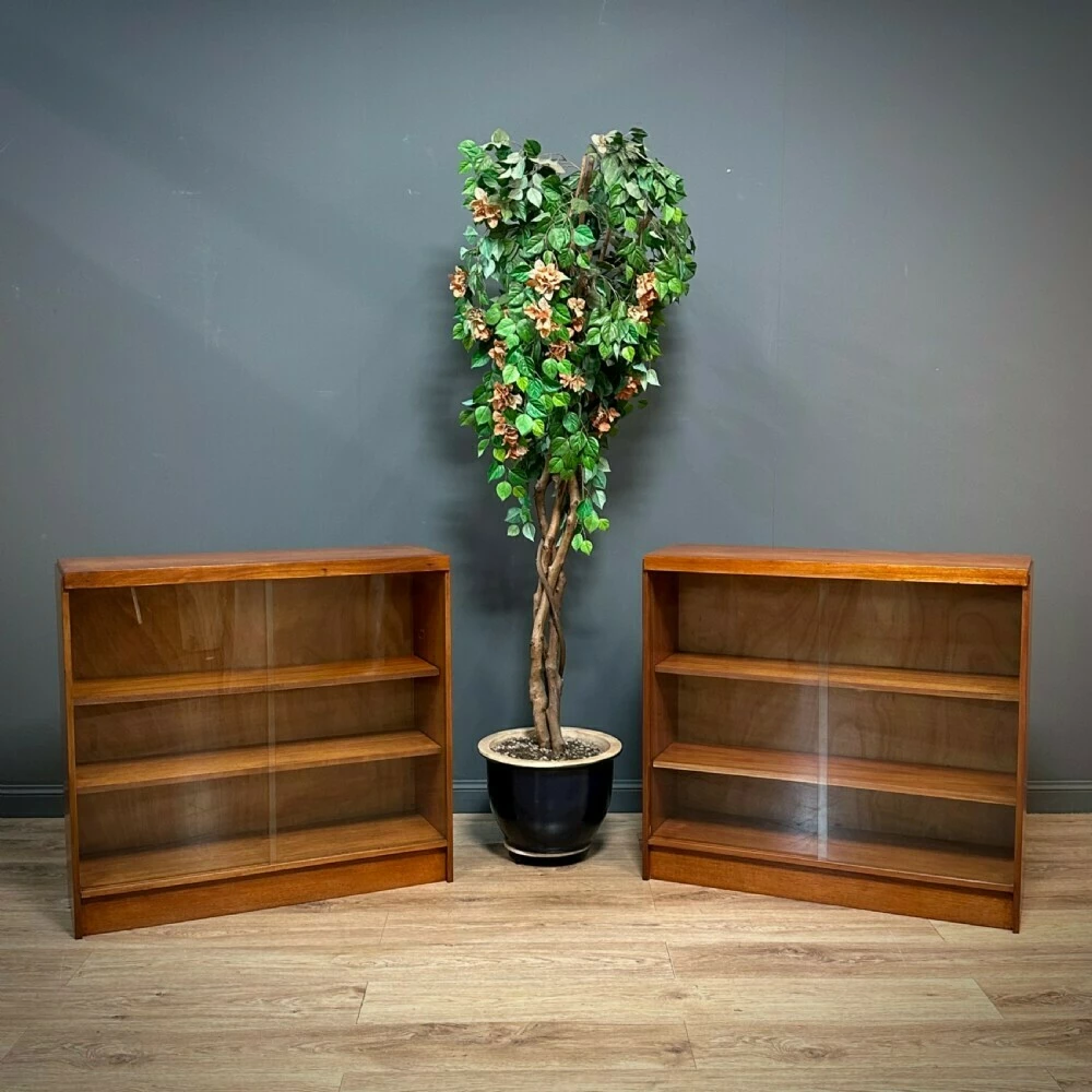 Unknown Attractive Pair Of Teak Sliding Door Mid Century Bookcases 1 Unknown Attractive Pair Of Teak Sliding Door Mid Century Bookcases