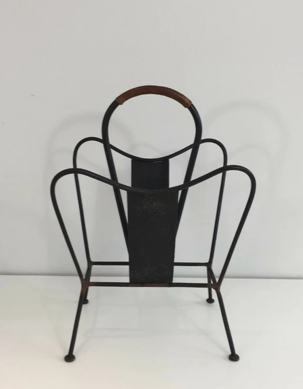 Attributed To Jacques Adnet. Black Lacquered And Brown Leather Magazine Rack. French. Circa 1940 2 Attributed To Jacques Adnet. Black Lacquered And Brown Leather Magazine Rack. French. Circa 1940 - Image 2