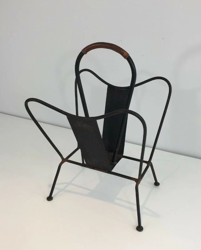 Attributed To Jacques Adnet. Black Lacquered And Brown Leather Magazine Rack. French. Circa 1940 1 Attributed To Jacques Adnet. Black Lacquered And Brown Leather Magazine Rack. French. Circa 1940