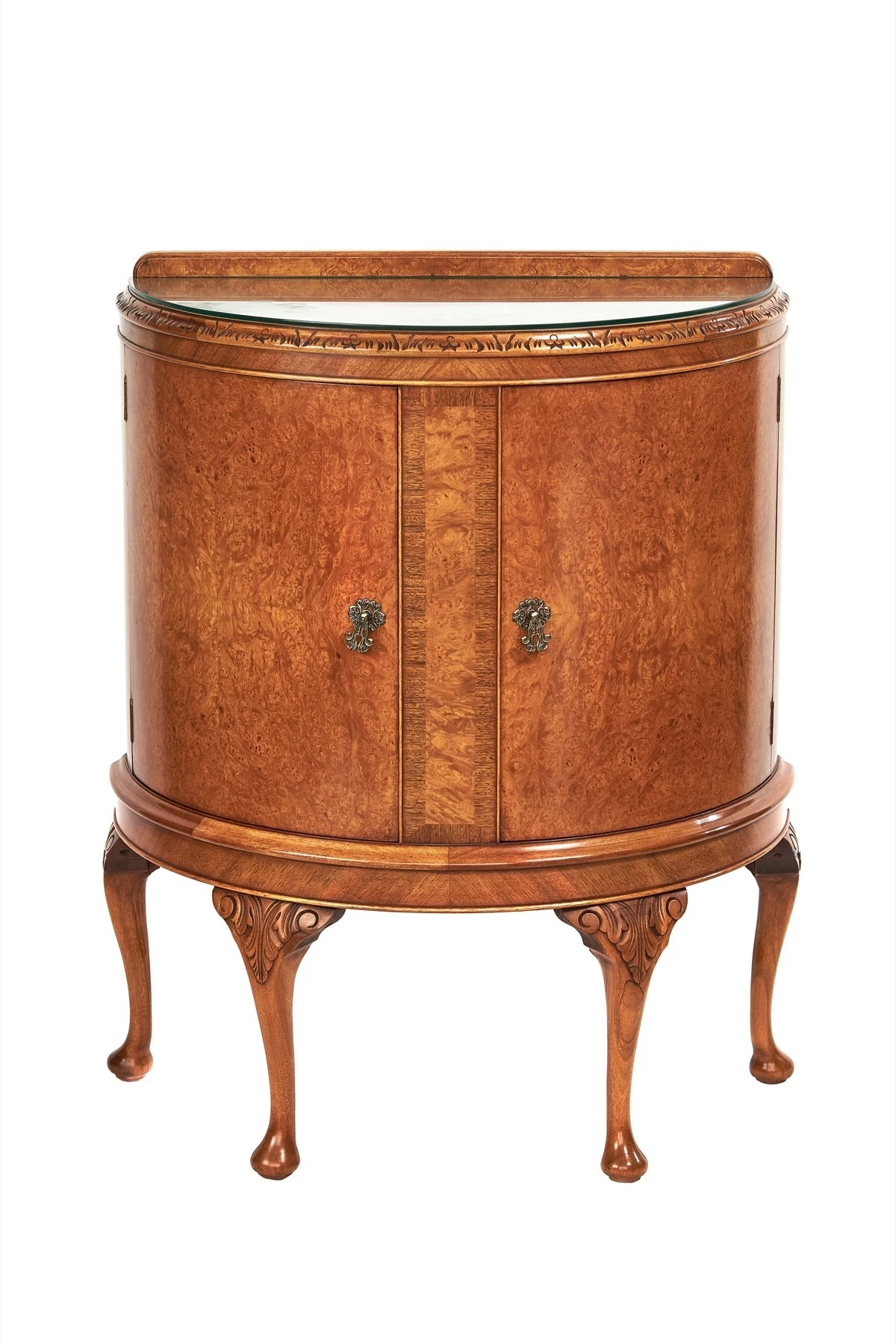 Burr Walnut Demi Lune Cupboard Circa 1930s 1 Burr Walnut Demi Lune Cupboard Circa 1930s
