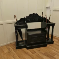 Unknown Carved Oak Hall Seat, With 2 Stick Stands -Storage Furniture Sales 2024 carved oak hall seat with 2 stick stands sku34089388 0 4