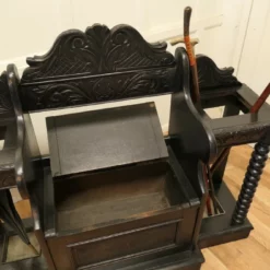 Unknown Carved Oak Hall Seat, With 2 Stick Stands -Storage Furniture Sales 2024 carved oak hall seat with 2 stick stands sku34089388 0 5