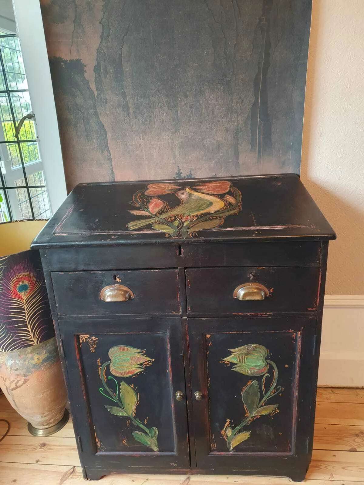 Folk Art Painted Cupboard /Desk With Inlaid Design 2 Folk Art Painted Cupboard /Desk With Inlaid Design - Image 2