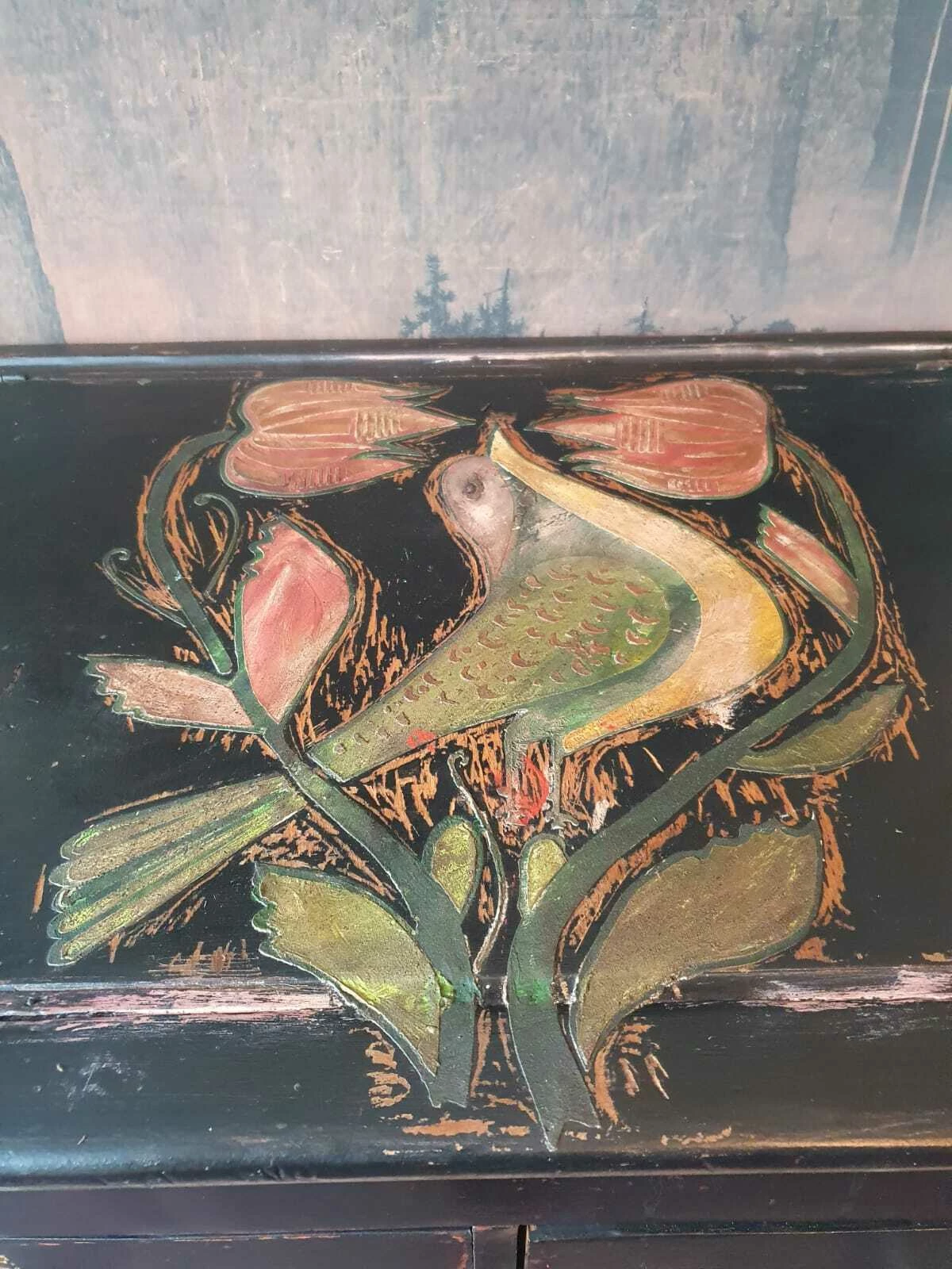 Folk Art Painted Cupboard /Desk With Inlaid Design 11 Folk Art Painted Cupboard /Desk With Inlaid Design - Image 11