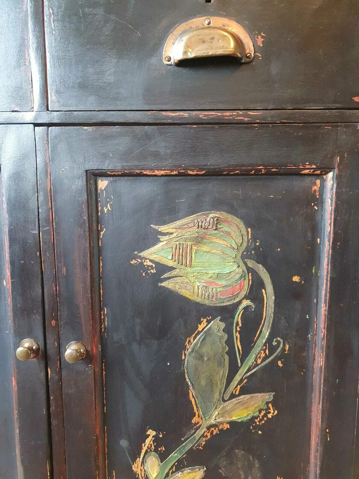 Folk Art Painted Cupboard /Desk With Inlaid Design 5 Folk Art Painted Cupboard /Desk With Inlaid Design - Image 5