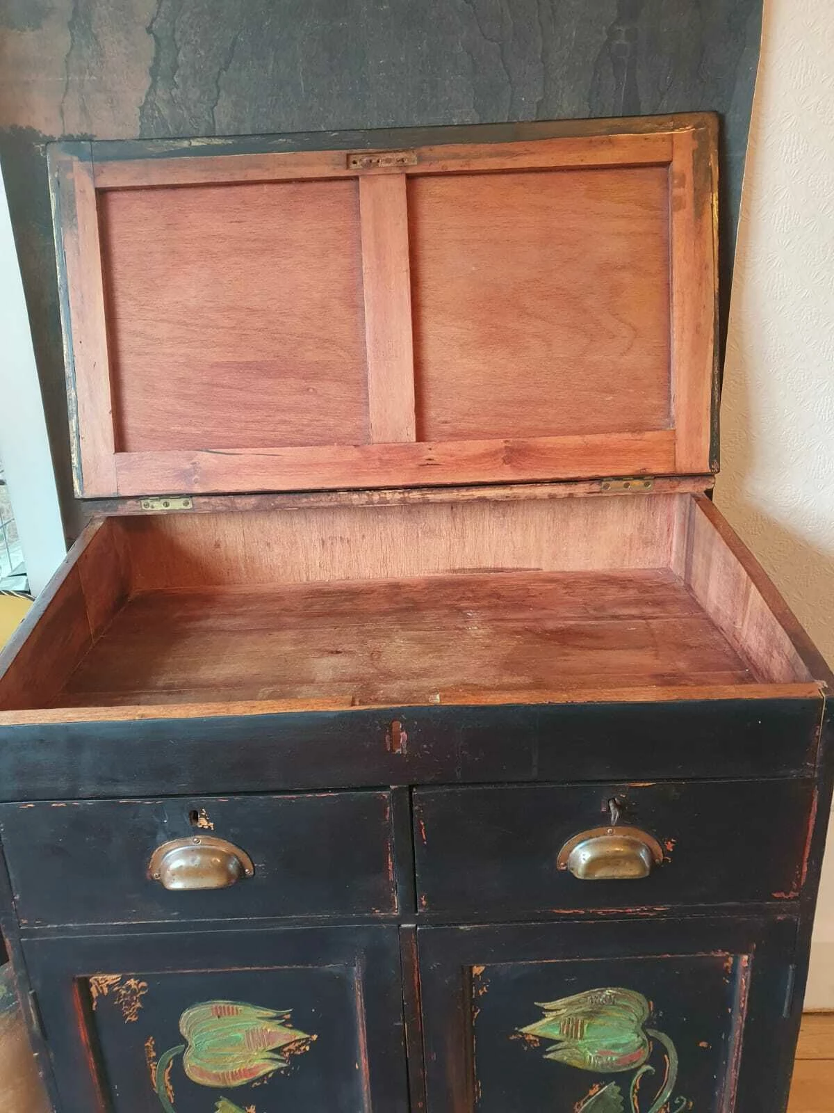 Folk Art Painted Cupboard /Desk With Inlaid Design 6 Folk Art Painted Cupboard /Desk With Inlaid Design - Image 6