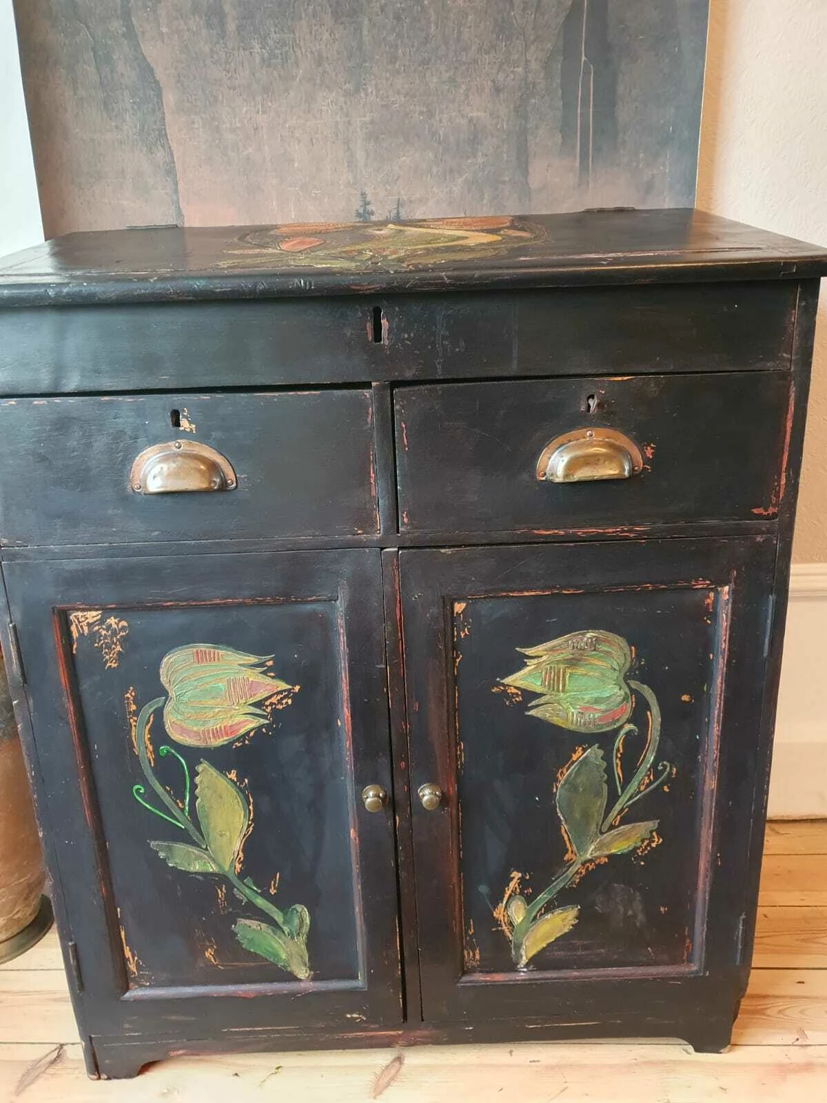 Folk Art Painted Cupboard /Desk With Inlaid Design 8 Folk Art Painted Cupboard /Desk With Inlaid Design - Image 8