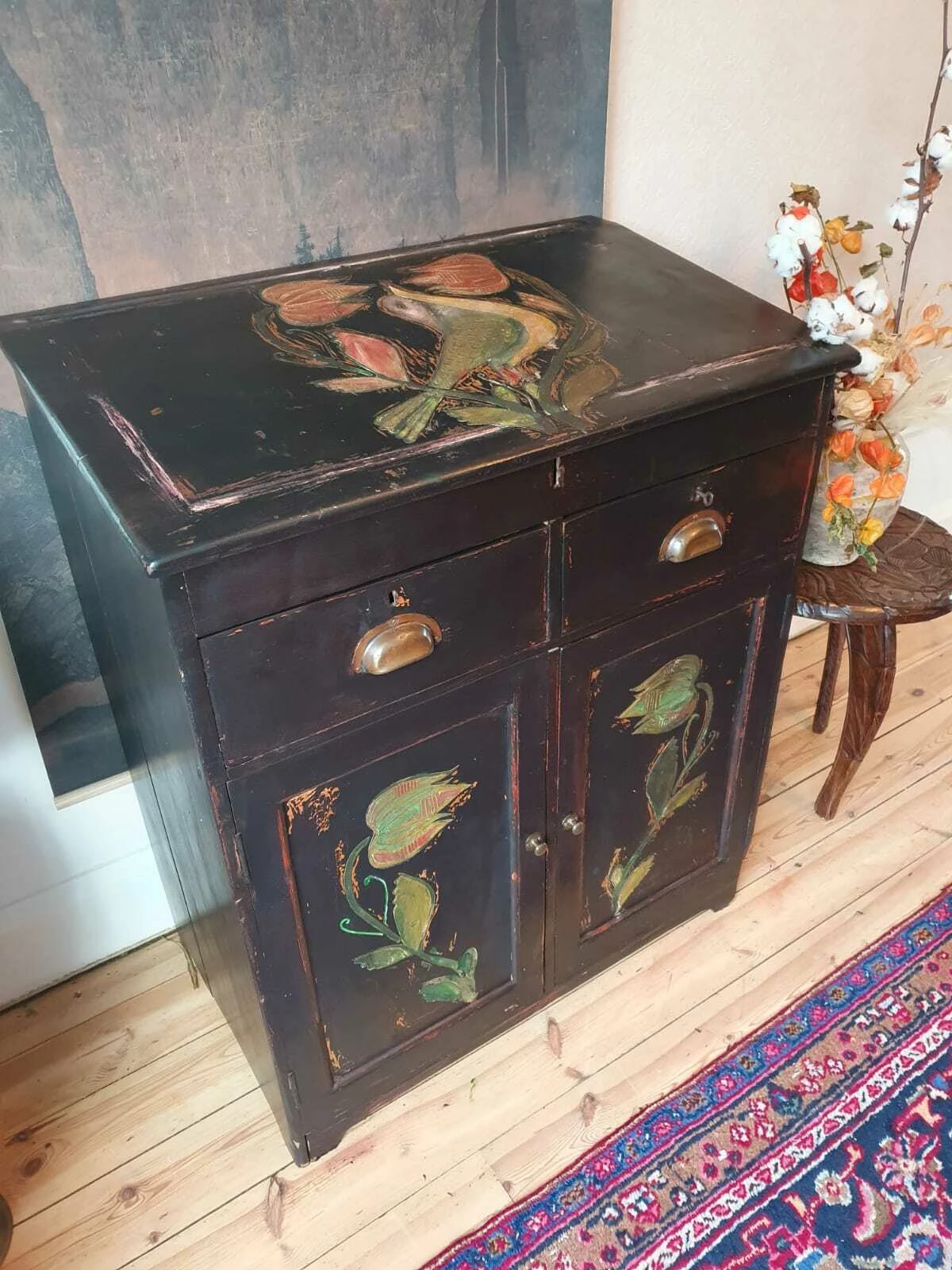 Folk Art Painted Cupboard /Desk With Inlaid Design 9 Folk Art Painted Cupboard /Desk With Inlaid Design - Image 9