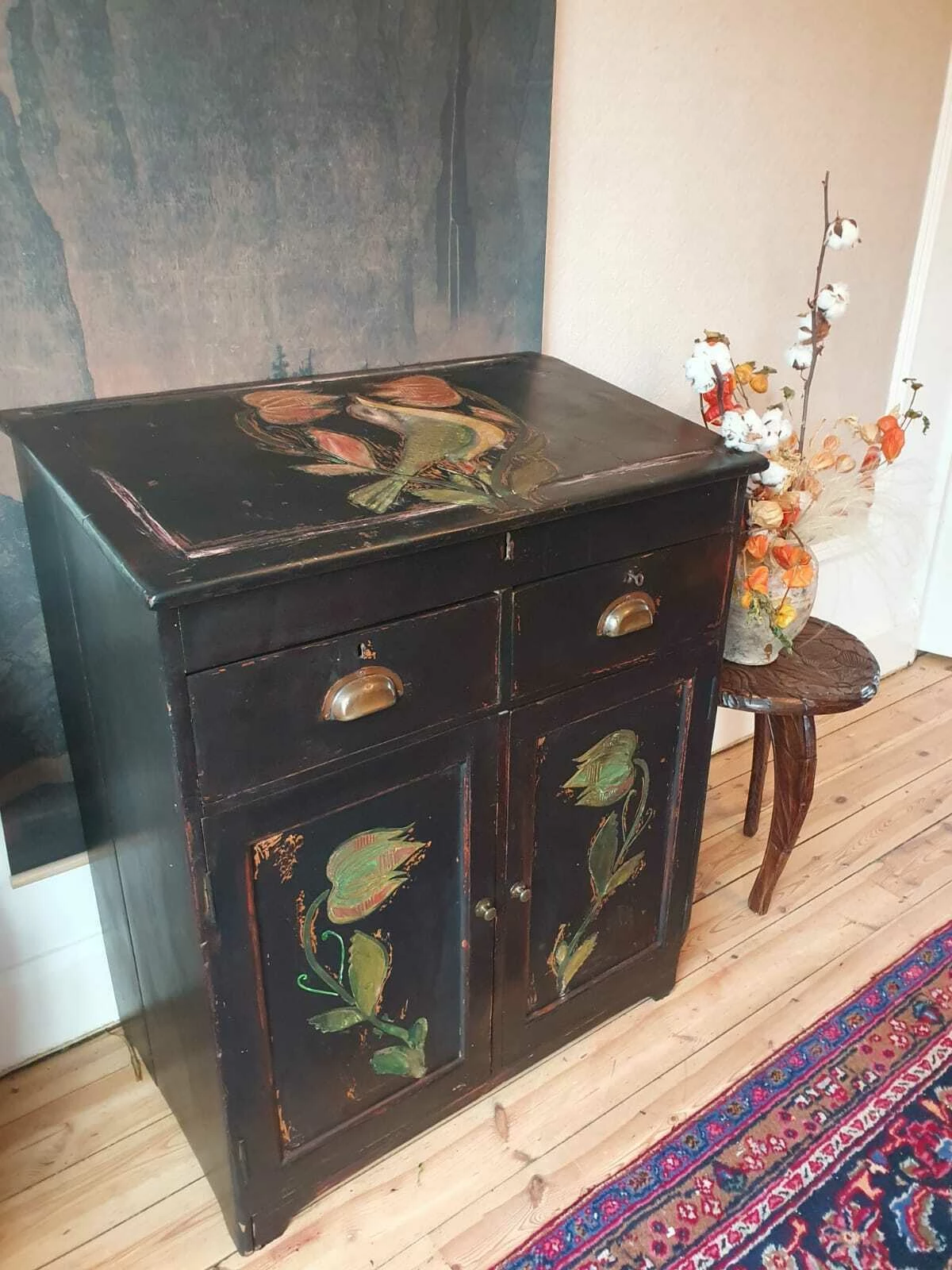 Folk Art Painted Cupboard /Desk With Inlaid Design 1 Folk Art Painted Cupboard /Desk With Inlaid Design