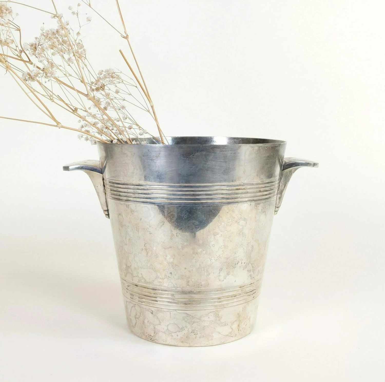 French Antique Distressed Silverplate Art Deco Champagne Ice Bucket Wine Cooler, Shabby Chic Vintage Bar Decor