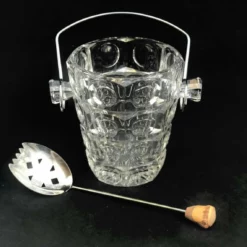 Ice Bucket Vintage Heavy Glass Bucket Chromed Metal Handle 50s. Carved, Bar Accessories, Mid Century Modern Vintage Bar, Cocktails Gift Him