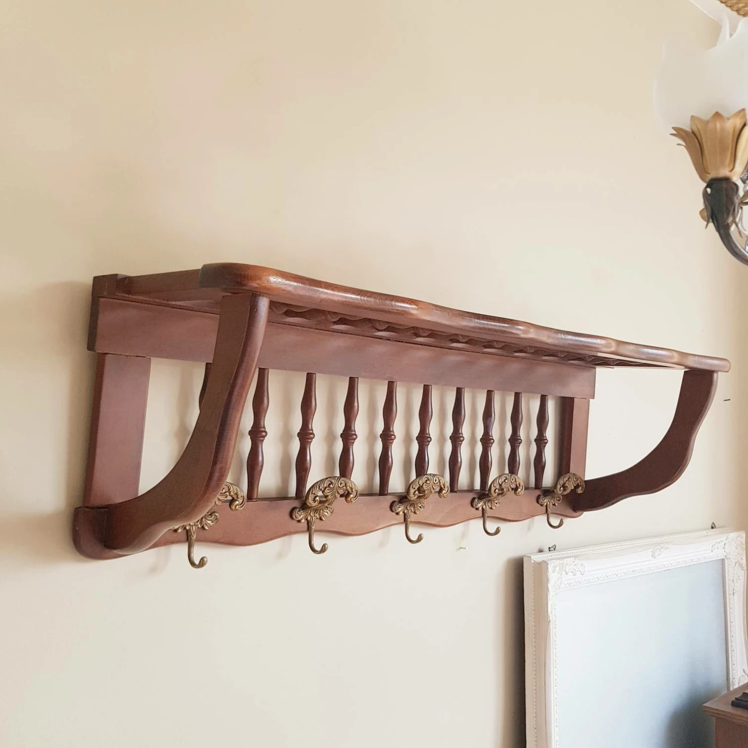 Unknown Italian Vintage Wood Wall Hanger Coat Rack,Entryway Rack With Shelf 5 Brass Hooks,Art Nouveau Style,V. C. R.,Made In Italy 4 Unknown Italian Vintage Wood Wall Hanger Coat Rack,Entryway Rack With Shelf 5 Brass Hooks,Art Nouveau Style,V. C. R.,Made In Italy - Image 4