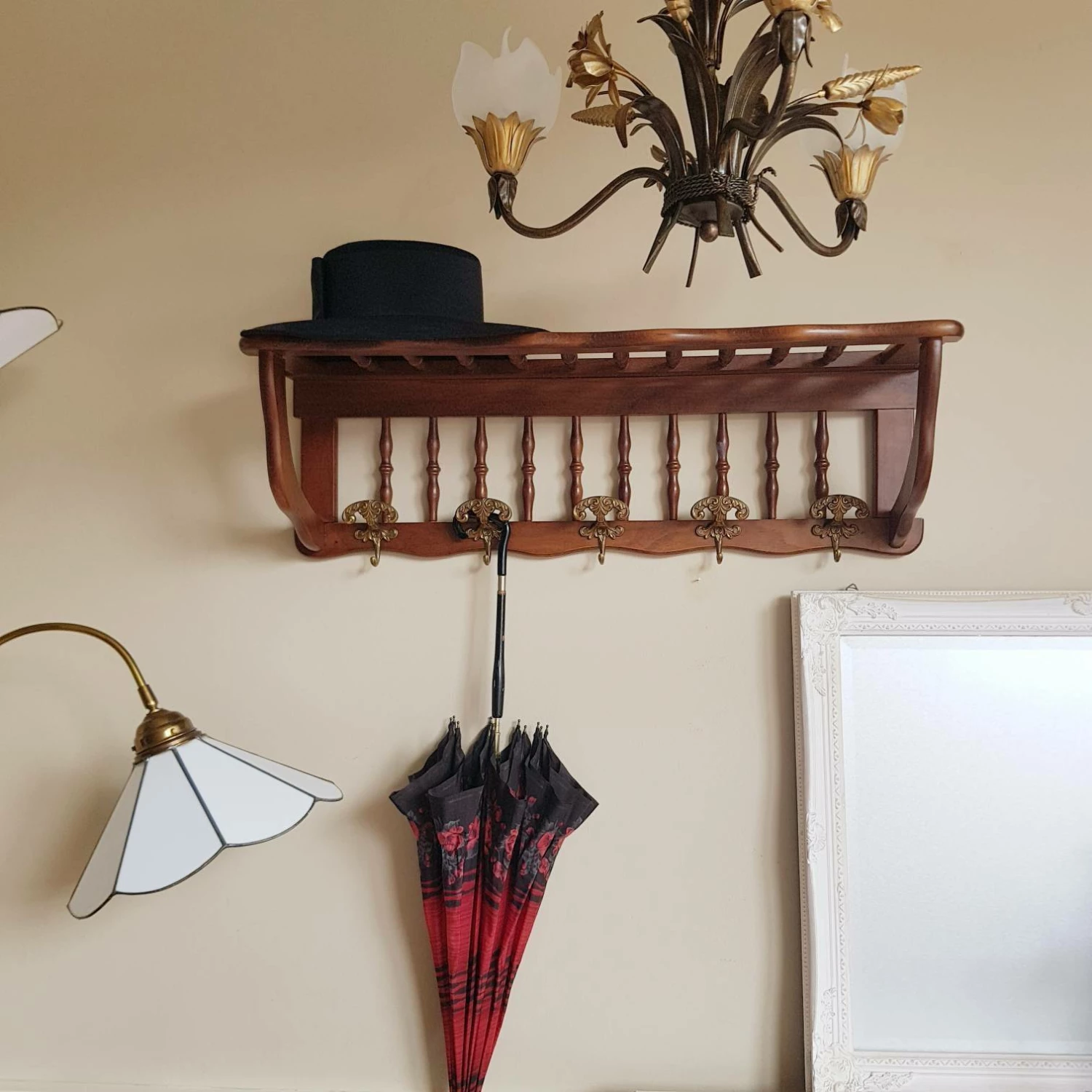 Unknown Italian Vintage Wood Wall Hanger Coat Rack,Entryway Rack With Shelf 5 Brass Hooks,Art Nouveau Style,V. C. R.,Made In Italy 6 Unknown Italian Vintage Wood Wall Hanger Coat Rack,Entryway Rack With Shelf 5 Brass Hooks,Art Nouveau Style,V. C. R.,Made In Italy - Image 6