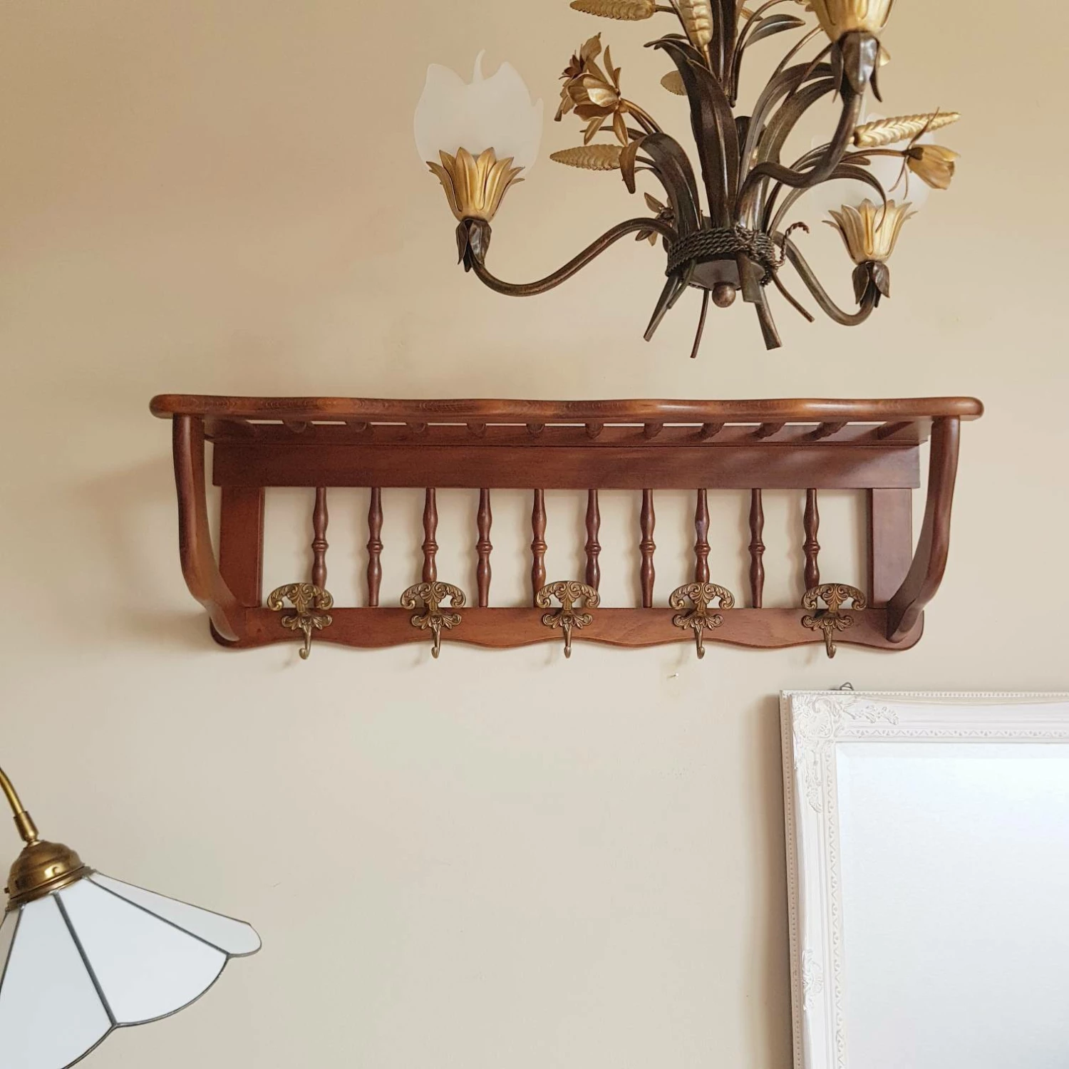 Unknown Italian Vintage Wood Wall Hanger Coat Rack,Entryway Rack With Shelf 5 Brass Hooks,Art Nouveau Style,V. C. R.,Made In Italy 1 Unknown Italian Vintage Wood Wall Hanger Coat Rack,Entryway Rack With Shelf 5 Brass Hooks,Art Nouveau Style,V. C. R.,Made In Italy