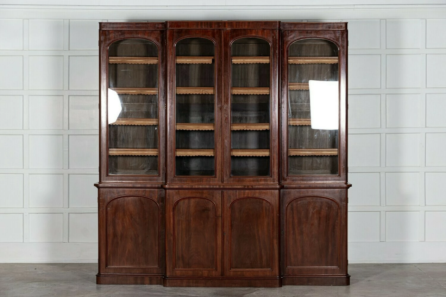 Large 19thc English Mahogany Glazed Breakfront Bookcase 1 Large 19thc English Mahogany Glazed Breakfront Bookcase