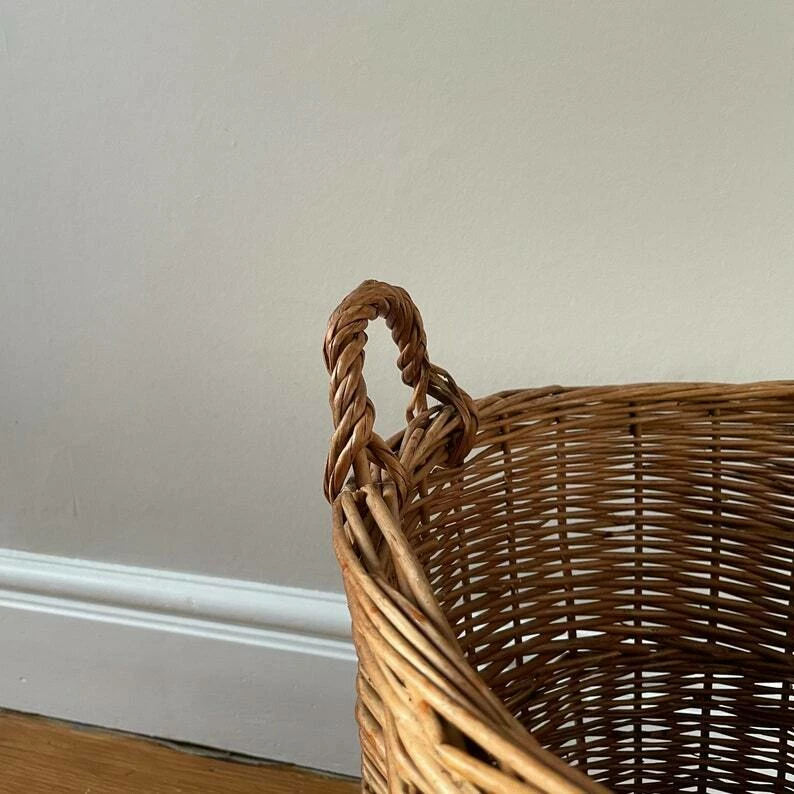 Large Round Wicker Woven Basket Storage Toy Box Laundry Farmhouse Rustic Decor Decorative Rattan Antique Cylinder Brown Cottage - Image 3