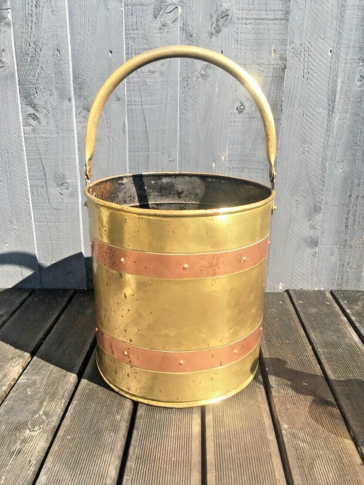 Large Vintage Brass & Copper Riveted Fire Side Coal Bucket Log Storage Rustic 8 Large Vintage Brass & Copper Riveted Fire Side Coal Bucket Log Storage Rustic - Image 8