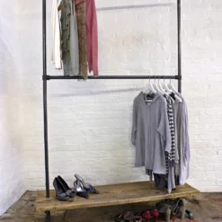 Laura Dark Steel Pipe Freestanding Double Clothes Rail/Rack With Bottom Shelf Bespoke Urban Industrial Bedroom Furniture/Shop Fittings