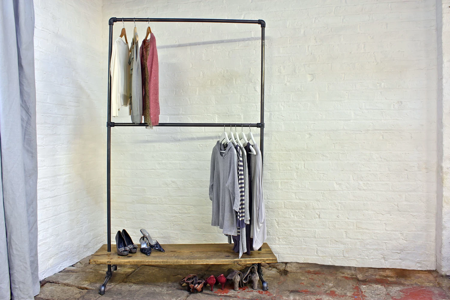 Laura Dark Steel Pipe Freestanding Double Clothes Rail/Rack With Bottom Shelf Bespoke Urban Industrial Bedroom Furniture/Shop Fittings 4 Laura Dark Steel Pipe Freestanding Double Clothes Rail/Rack With Bottom Shelf Bespoke Urban Industrial Bedroom Furniture/Shop Fittings - Image 4