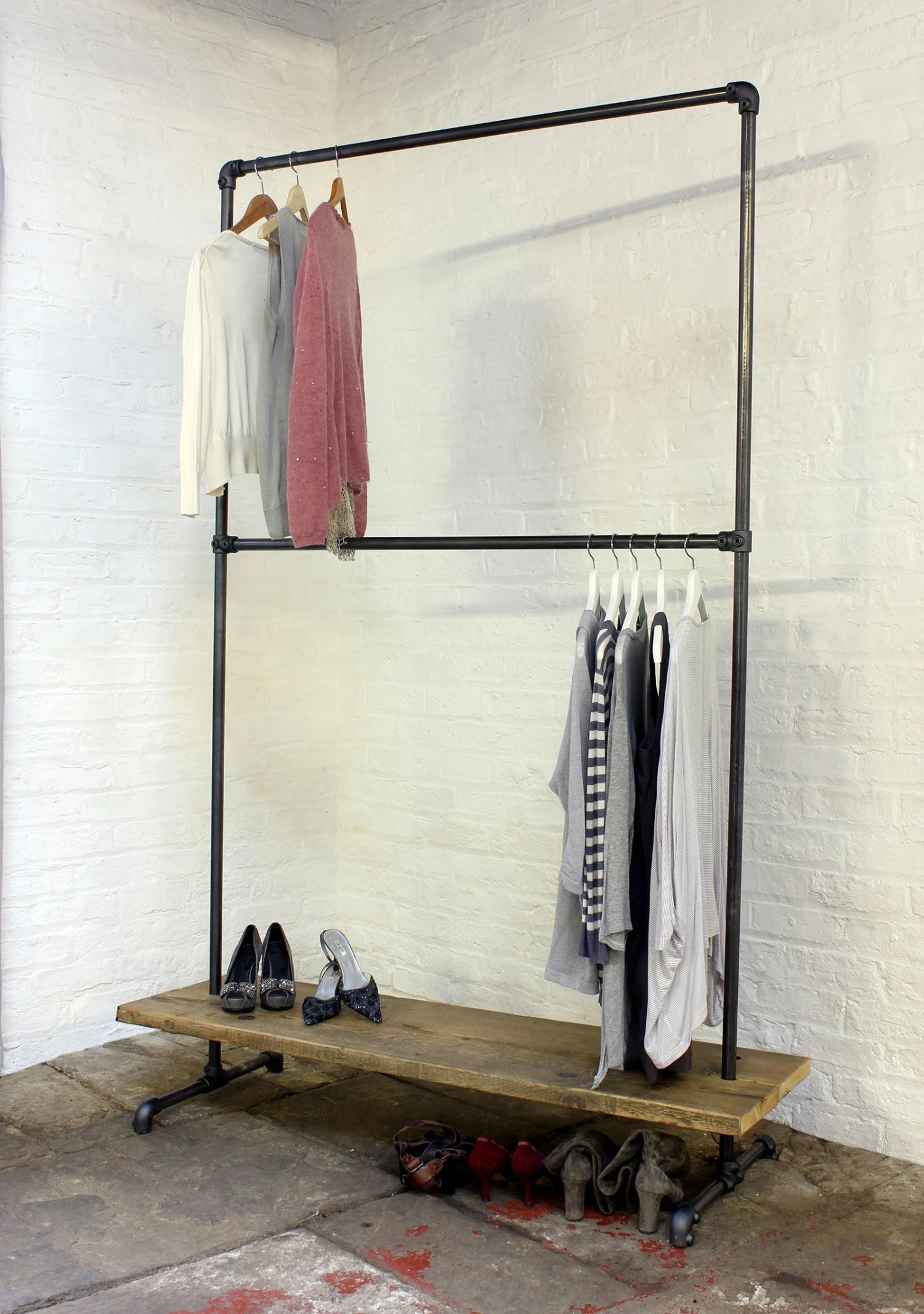 Laura Dark Steel Pipe Freestanding Double Clothes Rail/Rack With Bottom Shelf Bespoke Urban Industrial Bedroom Furniture/Shop Fittings 6 Laura Dark Steel Pipe Freestanding Double Clothes Rail/Rack With Bottom Shelf Bespoke Urban Industrial Bedroom Furniture/Shop Fittings - Image 6