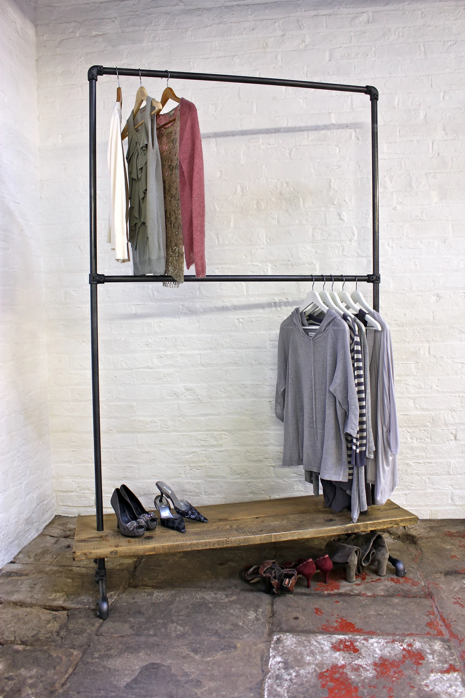 Laura Dark Steel Pipe Freestanding Double Clothes Rail/Rack With Bottom Shelf Bespoke Urban Industrial Bedroom Furniture/Shop Fittings 1 Laura Dark Steel Pipe Freestanding Double Clothes Rail/Rack With Bottom Shelf Bespoke Urban Industrial Bedroom Furniture/Shop Fittings