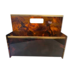 Maison Mercier Paris Magazine Rack In Lucite Tortoiseshell And Brass, 1970