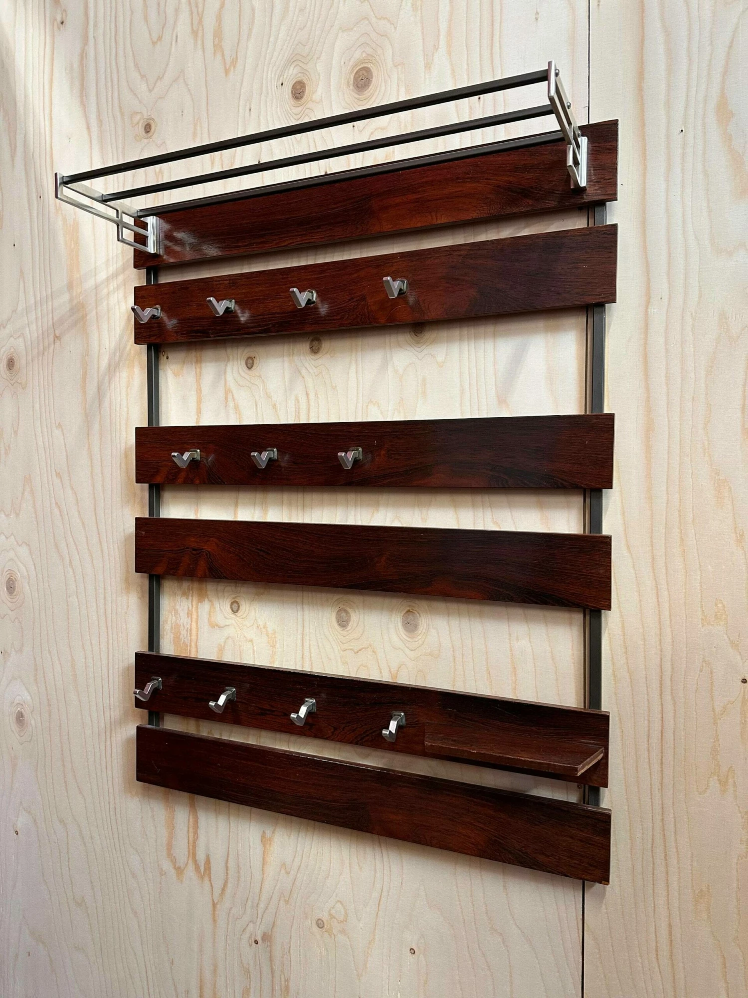 Unknown Mid Century Rosewood Coat Rack With Shelf 1 Unknown Mid Century Rosewood Coat Rack With Shelf