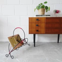 String Mid Century Wrought Iron And Red Cord Newspaper Rack
