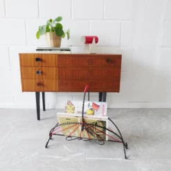 String Mid Century Wrought Iron And Red Cord Newspaper Rack -Storage Furniture Sales 2024 mid century wrought iron and red cord newspaper rack 0 8