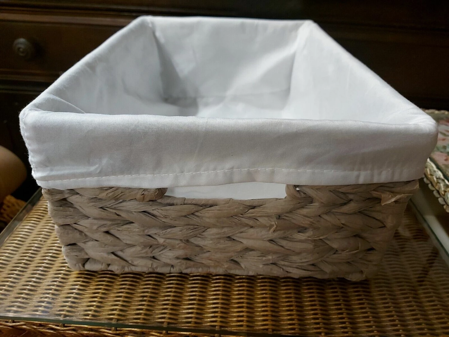 Natural Grey Rafia Rectangular Medium Basket With White Linen Liner & Handles 5 Natural Grey Rafia Rectangular Medium Basket With White Linen Liner & Handles - Image 5