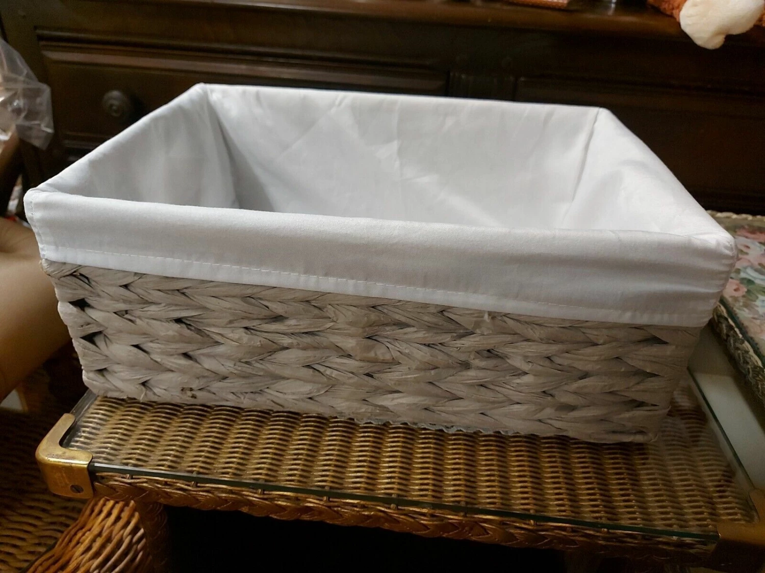 Natural Grey Rafia Rectangular Medium Basket With White Linen Liner & Handles 1 Natural Grey Rafia Rectangular Medium Basket With White Linen Liner & Handles
