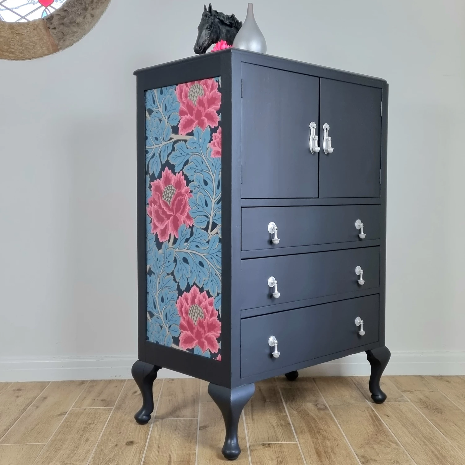 Unknown Off Black Painted Vintage Oak Tallboy Cabinet With Floral Decoupage 2 Unknown Off Black Painted Vintage Oak Tallboy Cabinet With Floral Decoupage - Image 2
