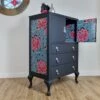 Unknown Off Black Painted Vintage Oak Tallboy Cabinet With Floral Decoupage