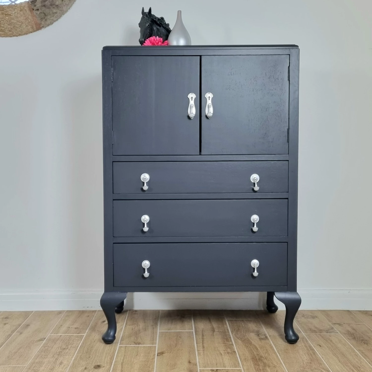 Unknown Off Black Painted Vintage Oak Tallboy Cabinet With Floral Decoupage 3 Unknown Off Black Painted Vintage Oak Tallboy Cabinet With Floral Decoupage - Image 3