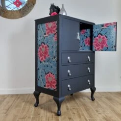 Unknown Off Black Painted Vintage Oak Tallboy Cabinet With Floral Decoupage