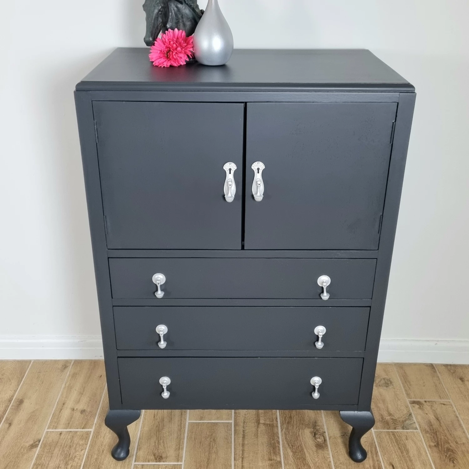 Unknown Off Black Painted Vintage Oak Tallboy Cabinet With Floral Decoupage 7 Unknown Off Black Painted Vintage Oak Tallboy Cabinet With Floral Decoupage - Image 7