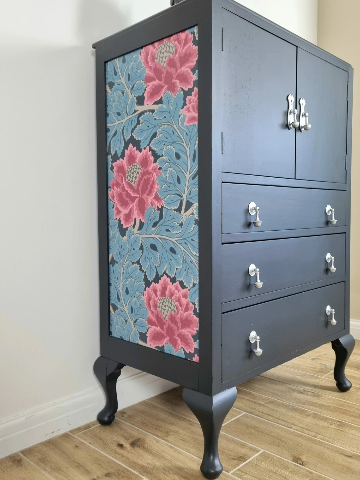 Unknown Off Black Painted Vintage Oak Tallboy Cabinet With Floral Decoupage 8 Unknown Off Black Painted Vintage Oak Tallboy Cabinet With Floral Decoupage - Image 8